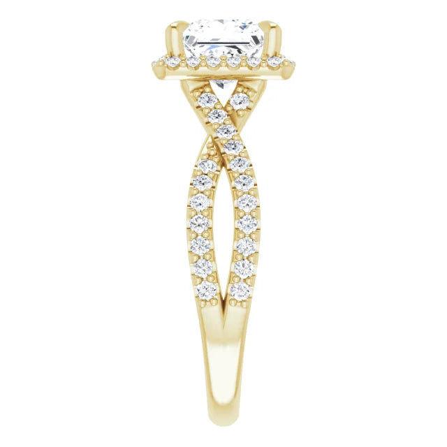 Princess Yellow Gold Twist Band Halo Lab Diamond Engagement Ring  