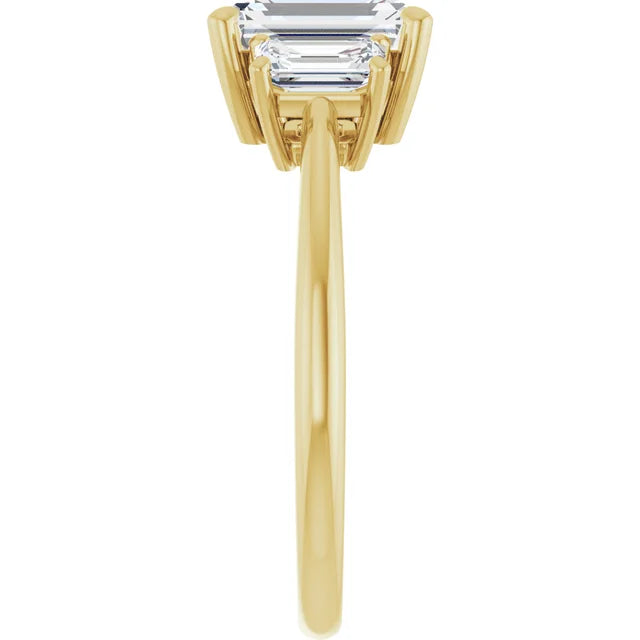 Emerald Yellow Gold Tri Stone Lab Diamond Engagement Ring
