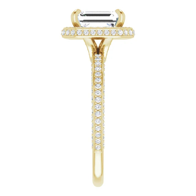 Emerald Yellow Gold Halo Pave Style Lab Diamond Engagement Ring 