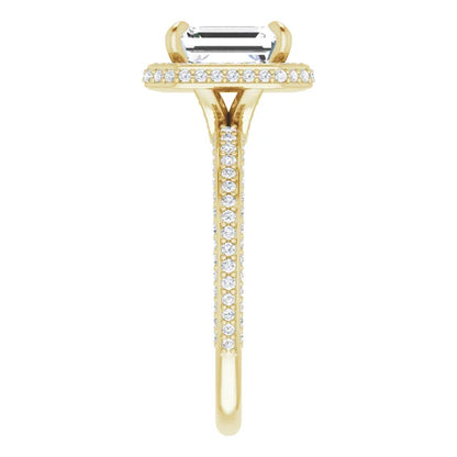 Emerald Yellow Gold Halo Pave Style Lab Diamond Engagement Ring 