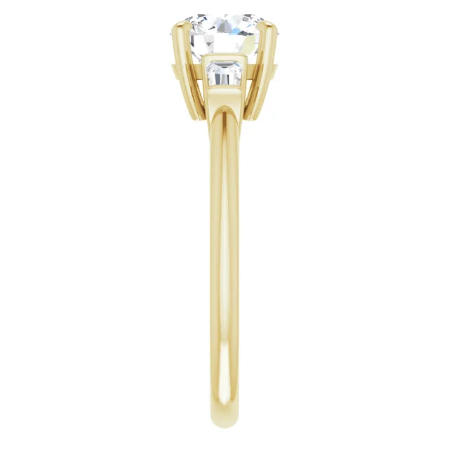 Round Brilliant Yellow Gold Baguette Accent Lab Diamond Engagement Ring 
