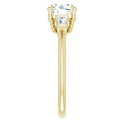 Round Brilliant Yellow Gold Baguette Accent Lab Diamond Engagement Ring 