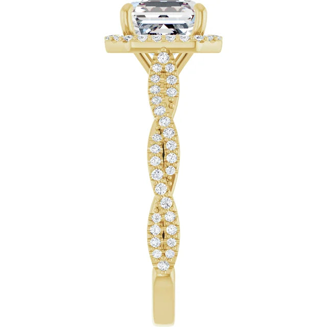 Asscher Yellow Gold Halo Twist Pave Moissanite Engagement Ring 