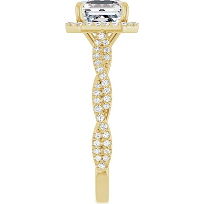 Asscher Yellow Gold Halo Twist Pave Moissanite Engagement Ring 