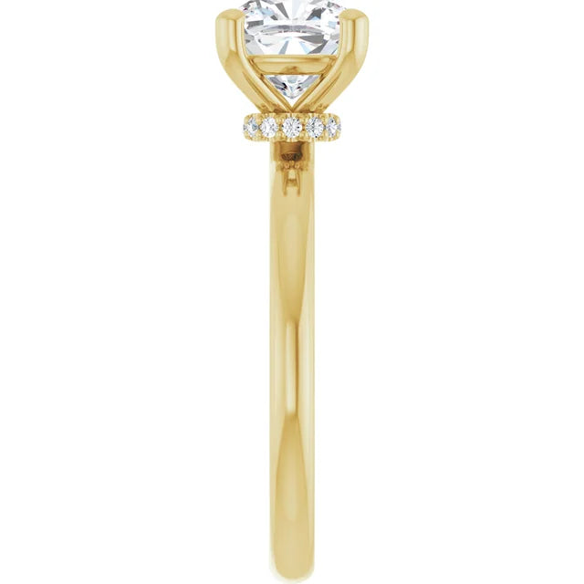 Cushion Cut Yellow Gold Low Hidden Halo Solitaire Engagement Ring