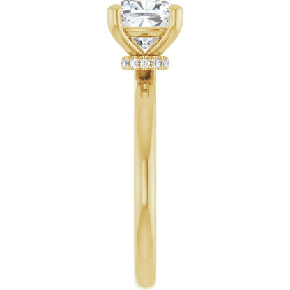 Cushion Cut Yellow Gold Low Hidden Halo Solitaire Engagement Ring