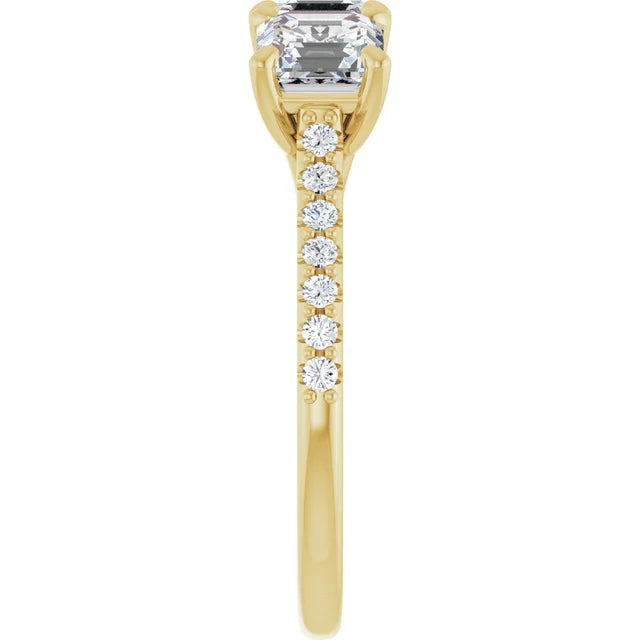 Asscher Yellow Gold Tri Stone Lab Diamonds Engagement Ring 