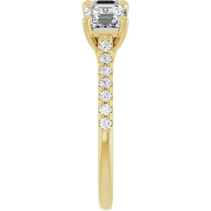 Asscher Yellow Gold Tri Stone Lab Diamonds Engagement Ring 