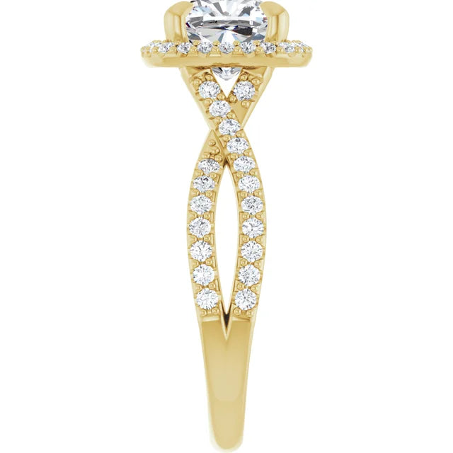 Cushion Yellow Gold Twist Band Halo Lab Diamond Engagement Ring  