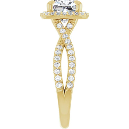 Cushion Yellow Gold Twist Band Halo Lab Diamond Engagement Ring  
