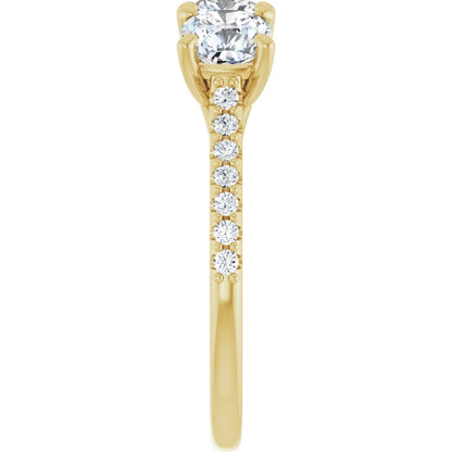Cushion Yellow Gold Tri Stone Lab Diamonds Engagement Ring 
