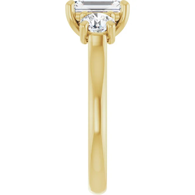 Emerald Yellow Gold Tri Stone Lab Diamond Engagement Ring