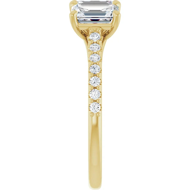 Emerald Yellow Gold Tri Stone Lab Diamonds Engagement Ring 