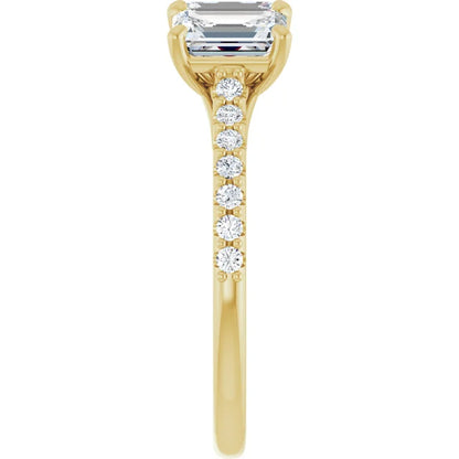 Emerald Yellow Gold Tri Stone Lab Diamonds Engagement Ring 