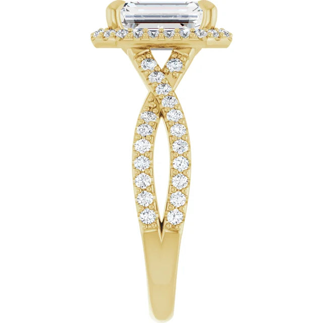 Emerald Yellow Gold Twist Band Halo Lab Diamond Engagement Ring  