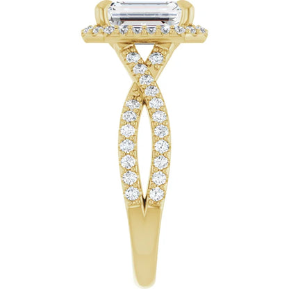 Emerald Yellow Gold Twist Band Halo Lab Diamond Engagement Ring  