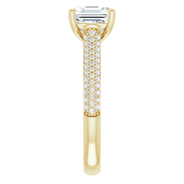 Asscher Yellow Gold Pave Lab Diamond Engagement Ring 