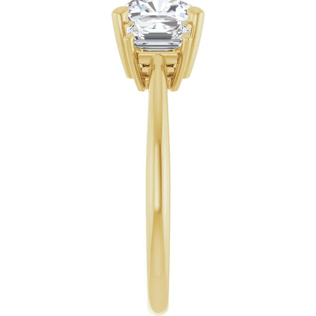 Cushion Yellow Gold Tri Stone Lab Diamond Engagement Ring