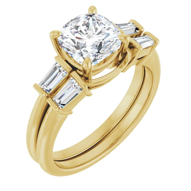 Cushion Yellow Gold Baguette Accent Lab Diamond Engagement Ring 