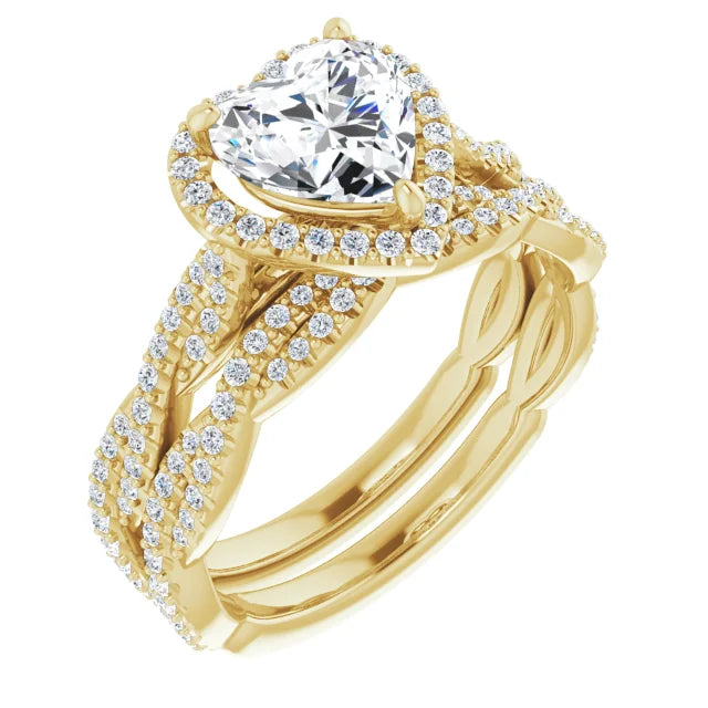 Heart Yellow Gold Halo Twist Pave Moissanite Engagement Ring 