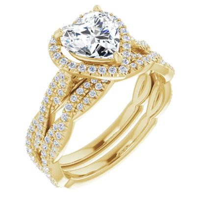 Heart Yellow Gold Halo Twist Pave Moissanite Engagement Ring 