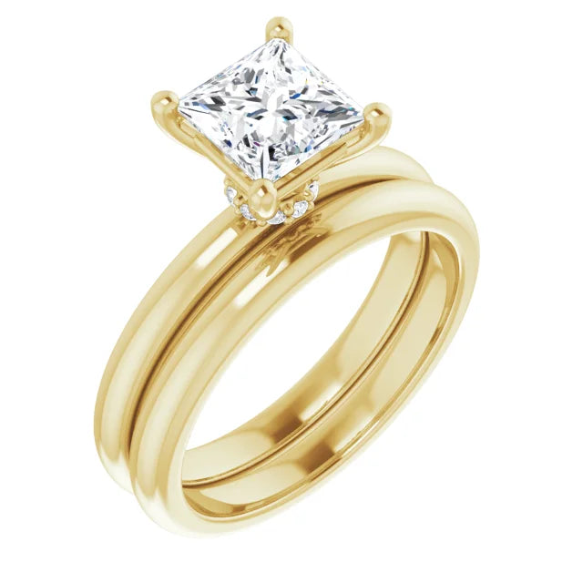 Princess Cut Yellow Gold Low Hidden Halo Solitaire Engagement Ring