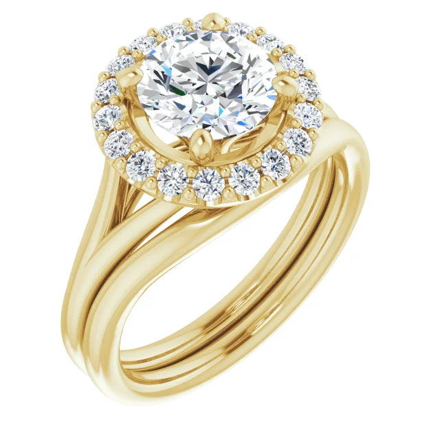 Round Brilliant Yellow Gold Halo Solitaire Split Band Lab Diamond Engagement Ring 