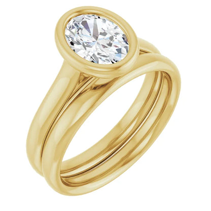 Oval Yellow Gold Bezel Solitaire Lab Diamond Engagement Ring 