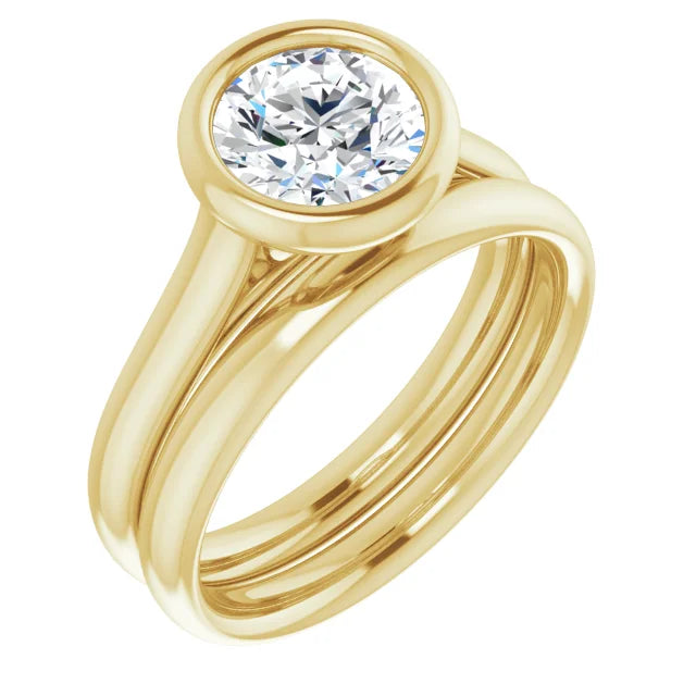Round Brilliant Yellow Gold Solitaire Bezel Lab Diamond Engagement Ring 