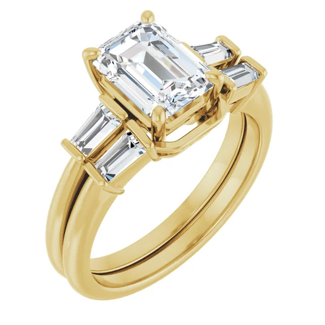 Emerald Yellow Gold Baguette Accent Lab Diamond Engagement Ring 