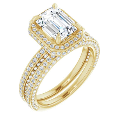 Emerald Yellow Gold Halo Pave Style Lab Diamond Engagement Ring 