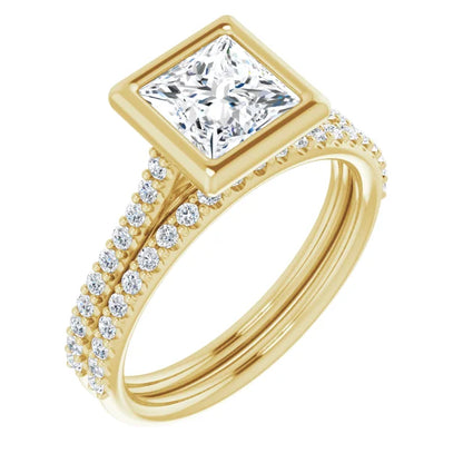 Princess Yellow Gold Bezel Pave Lab Diamond Engagement Ring 