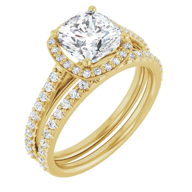 Cushion Yellow Gold Halo Lab Diamond Engagement Ring 