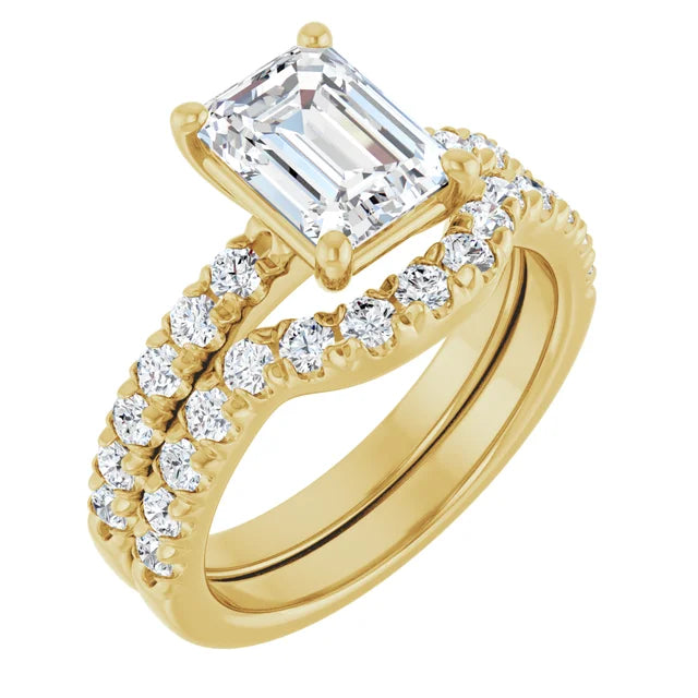 Emerald Four Claw Pave Yellow Gold Engagement Ring 