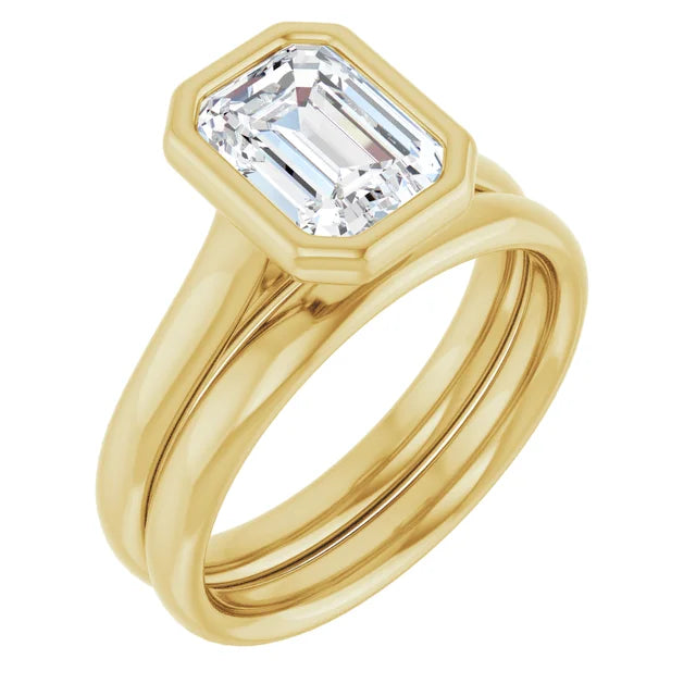 Emerald Yellow Gold Bezel Solitaire Lab Diamond Engagement Ring 