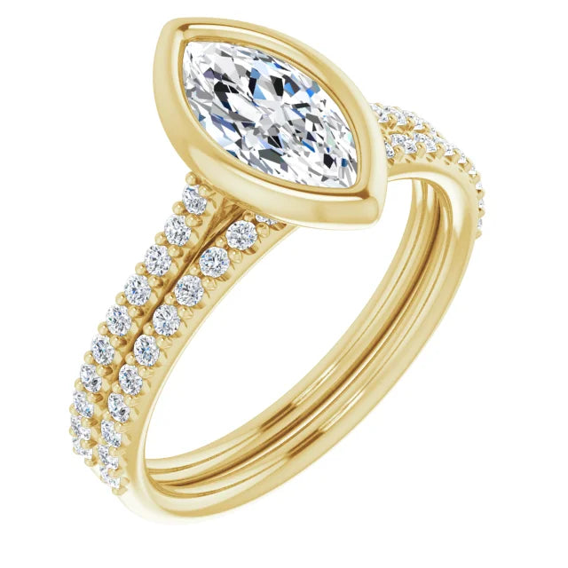 Marquise Yellow Gold Bezel Pave Lab Diamond Engagement Ring 