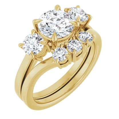 Round Brilliant Yellow Gold Tri Stone Lab Diamond Engagement Ring 