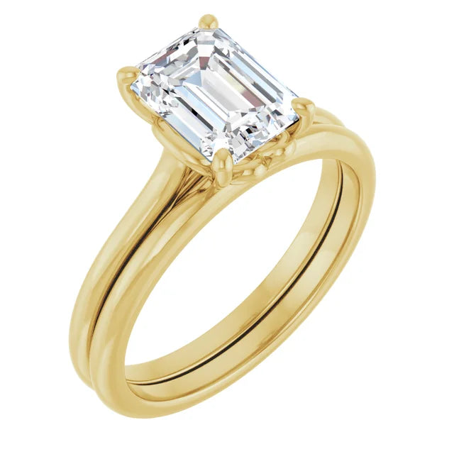 Emerald Yellow Gold Four Claw Solitaire Lab Diamond Engagement Ring 