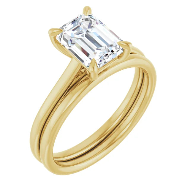 Emerald Yellow Gold Four Claw Solitaire Lab Diamond Engagement Ring 