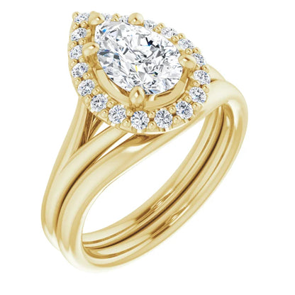 Pear Yellow Gold Halo Solitaire Split Band Lab Diamond Engagement Ring 