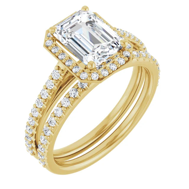 Emerald Yellow Gold Halo Lab Diamond Engagement Ring 