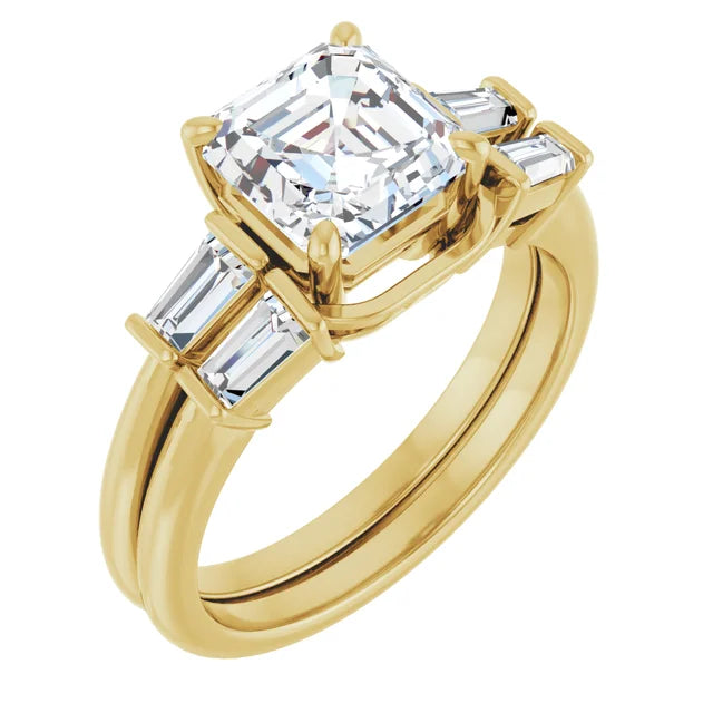 Asscher Yellow Gold Baguette Accent Lab Diamond Engagement Ring 