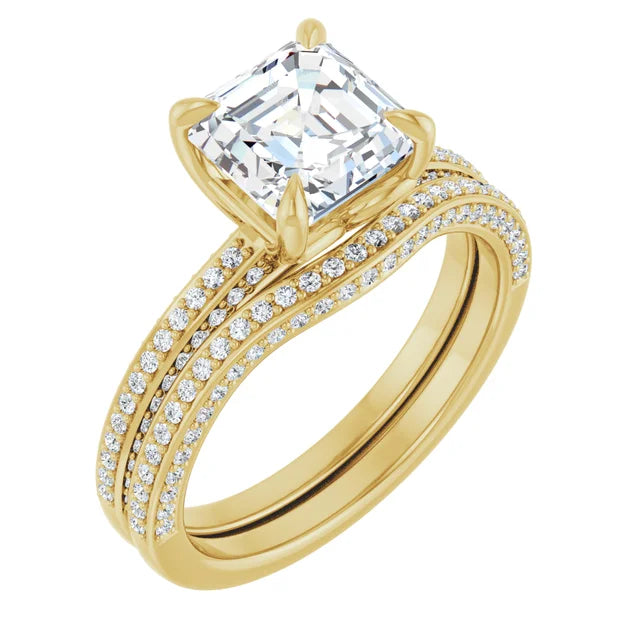 Asscher Yellow Gold Pave Lab Diamond Engagement Ring 