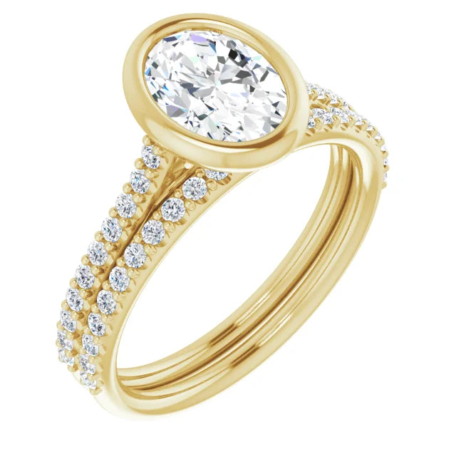 Oval Yellow Gold Bezel Pave Lab Diamond Engagement Ring 