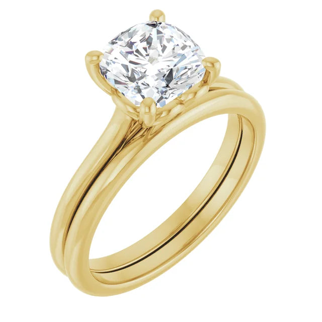 Cushion Yellow Gold Four Claw Solitaire Lab Diamond Engagement Ring 