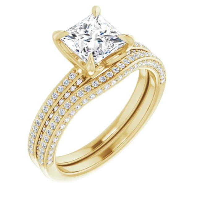 Princess Yellow Gold Pave Lab Diamond Engagement Ring 