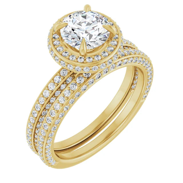 Round Brilliant Yellow Gold Halo Pave Style Lab Diamond Engagement Ring 
