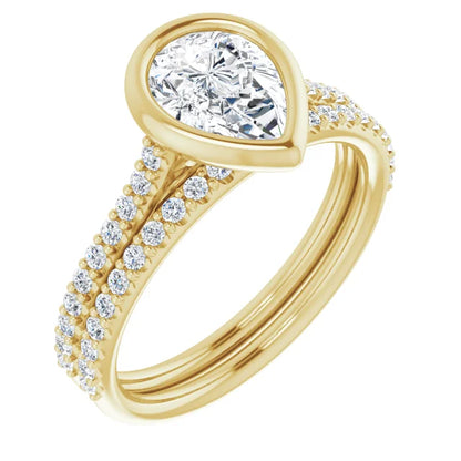 Pear Yellow Gold Bezel Pave Lab Diamond Engagement Ring 