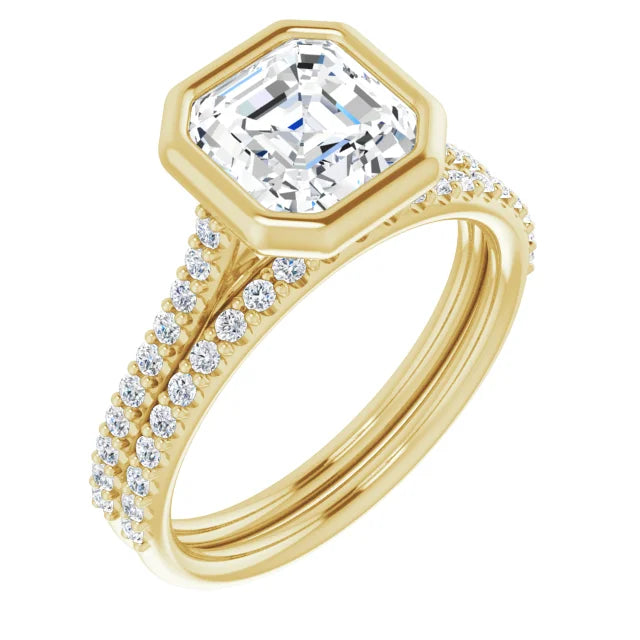 Asscher Yellow Gold Bezel Pave Lab Diamond Engagement Ring 