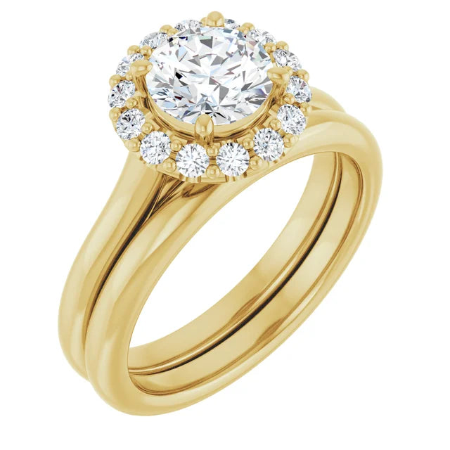 Round Brilliant Halo Solitaire Yellow Gold Lab Diamond Engagement Ring 